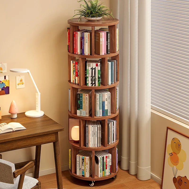 360-Degree Rotating Bookshelf, Floor-Standing Movable Shelving Unit, Integrated Wall-Mounted Narrow Cabinet, Corner Bookcase