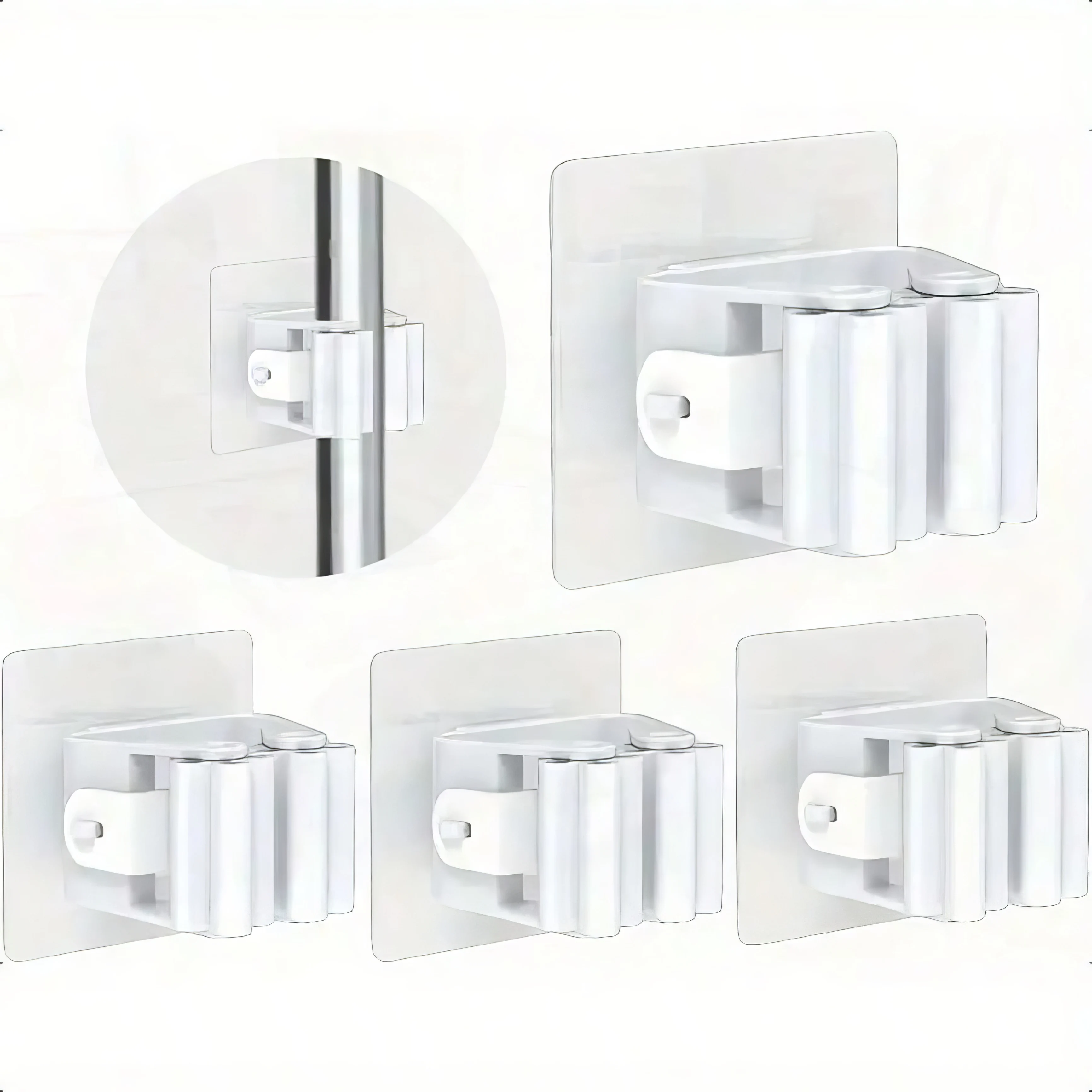Porta scopa in plastica bianca senza trapano da 4 pezzi - 5 cm/6 cm Supporto adesivo antiscivolo, facile installazione Organizzare strumenti Home Office Bagno