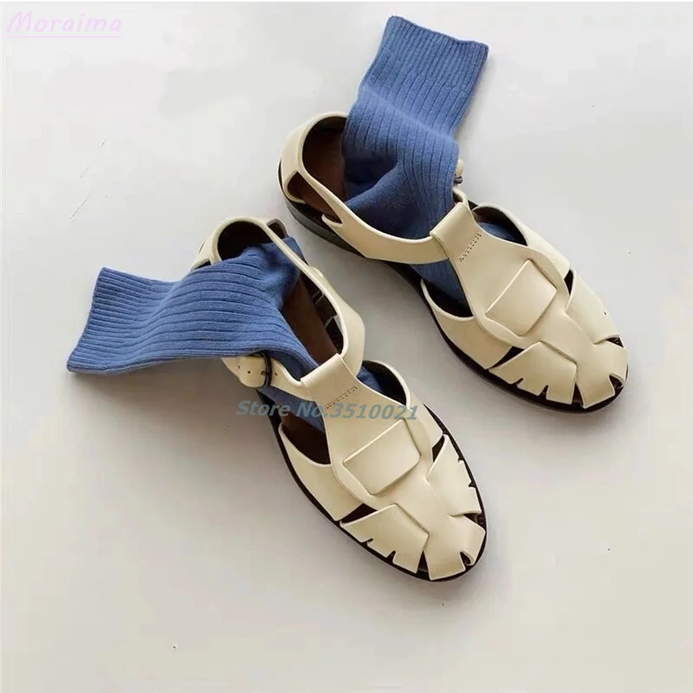 

Woven Hollow Round Toe Roman Sandals Leather Flat With T-Shape Ankle Buckle Cover Heel Korean Retro Women Shoes Summer Beach