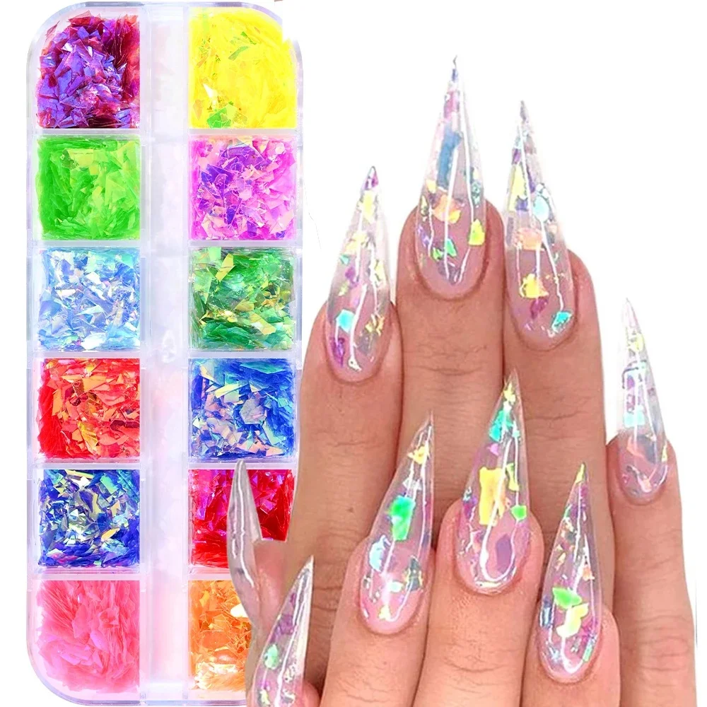 Flocons holographiques Laser pour ongles, 12 grilles, Ultra fins, irréguliers, paillettes scintillantes, confettis irisés, décor de paillettes pour ongles