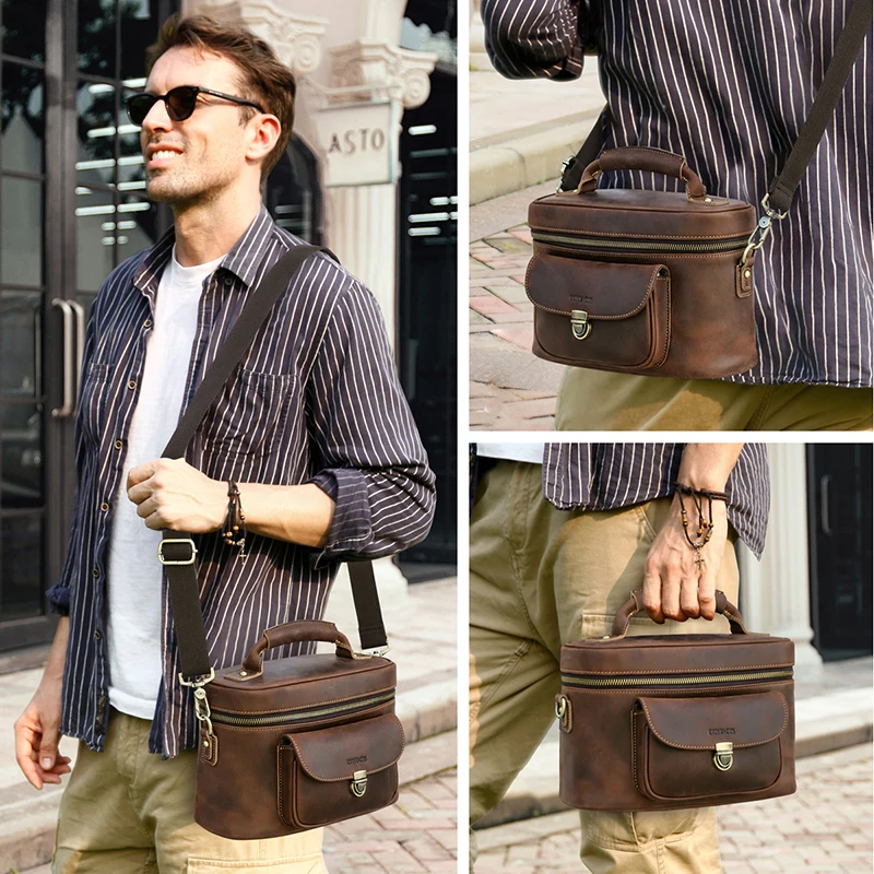 CONTACT\'S-Bolso de hombro de cuero genuino para hombre, bolsa de viaje con asa, organizador de fotografía, diseño de lujo