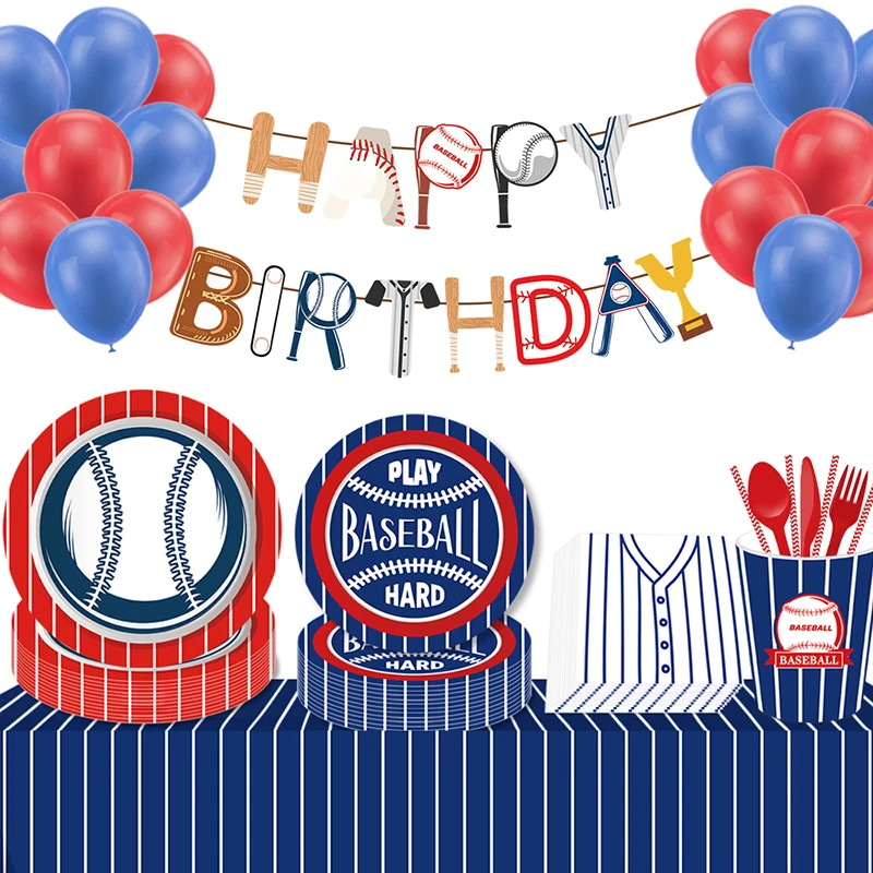 Boys Sports Baseball Ball Game Birthday Party Disposable Tableware Sets Tablecloth Banner Balloon Baby Shower Party Deocorations