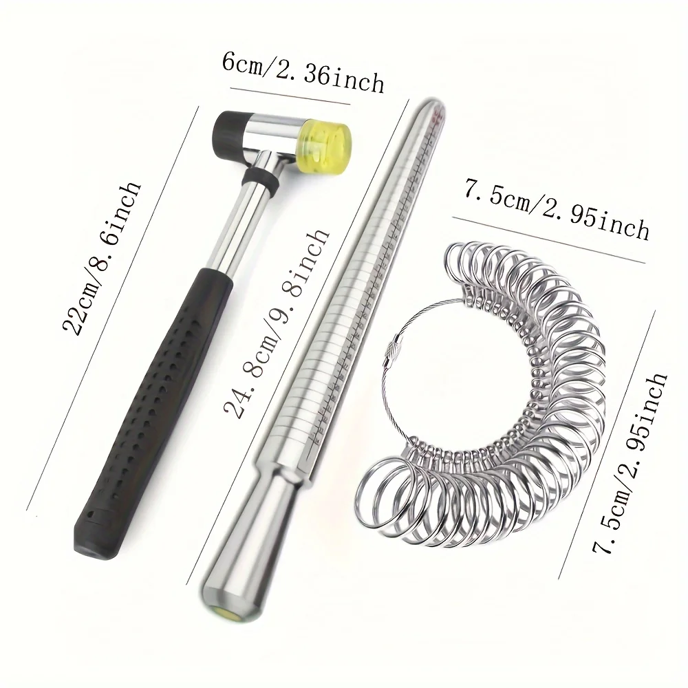 Ring Sizer Kit 0-13 US Size Metal Mandrel  Accurate Ring Sizing Gauge Handle Rubber Jewelry Hammer Tool with Precise Calibration