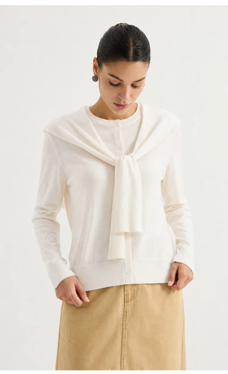 MZ62030 Damen-Strickjacke aus Kaschmir-Modal-Mischung, Langarm, Rundhalsausschnitt, Knopfverschluss, mit abnehmbarem, drapiertem Schultertuch – Detail 9