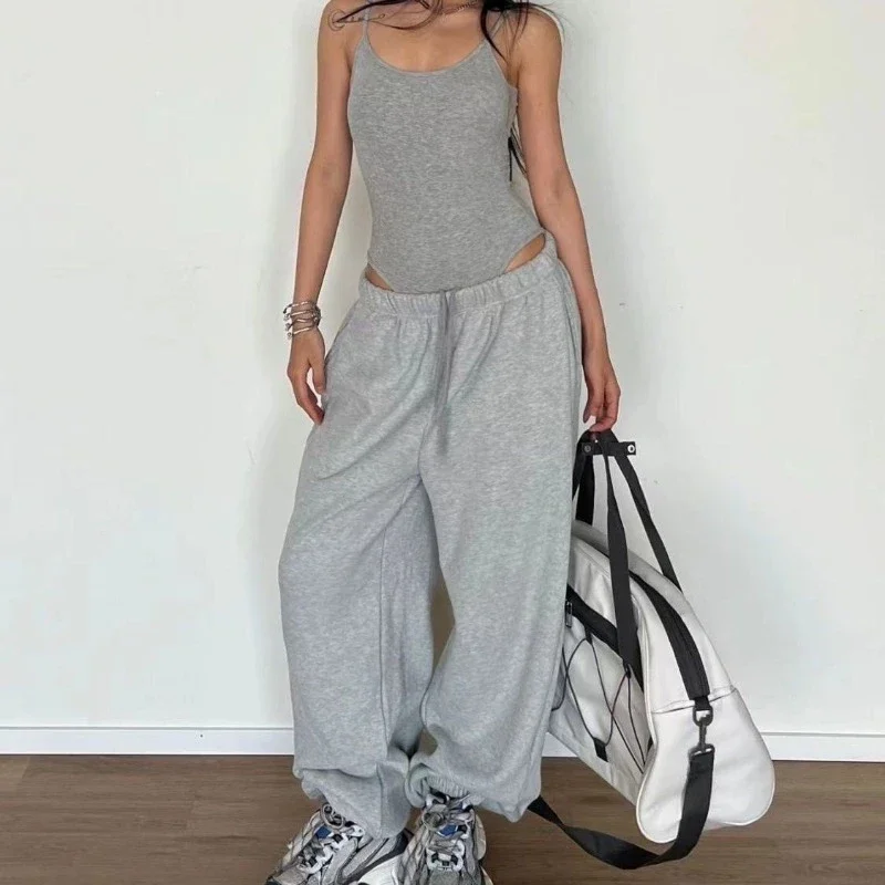 Deeptown Übergroße Y2k Grau Jogginghose Frauen Jogger Vintage Harajuku Koreanischen Stil Hosen Hip