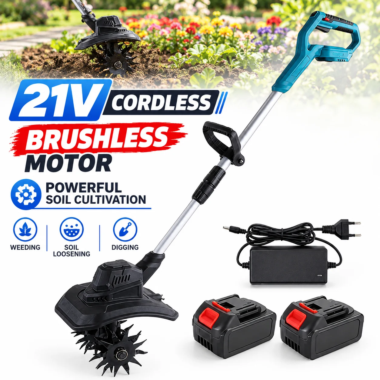 21V Akku-Bürstenloser Kultivator, Mini-Gartenfräse, elektrischer Rotations-Bodenkultivator, handgeführter Bodenlockerer, Unkrautstecher, Grabwerkzeug, kompatibel mit Makita-Akkus für Rasen, Bauernhof