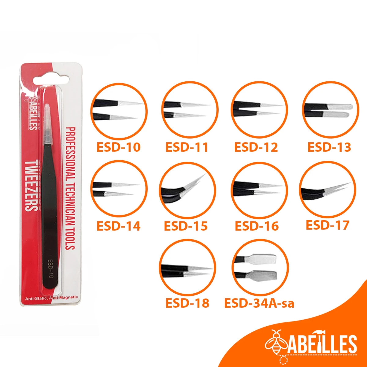 1.5MM ESD Anti-static Stainless Steel Tweezers Retail Package ESD- 10 / 11 / 12 / 13 / 14 / 15 / 16 / 17 / 18 / 34A