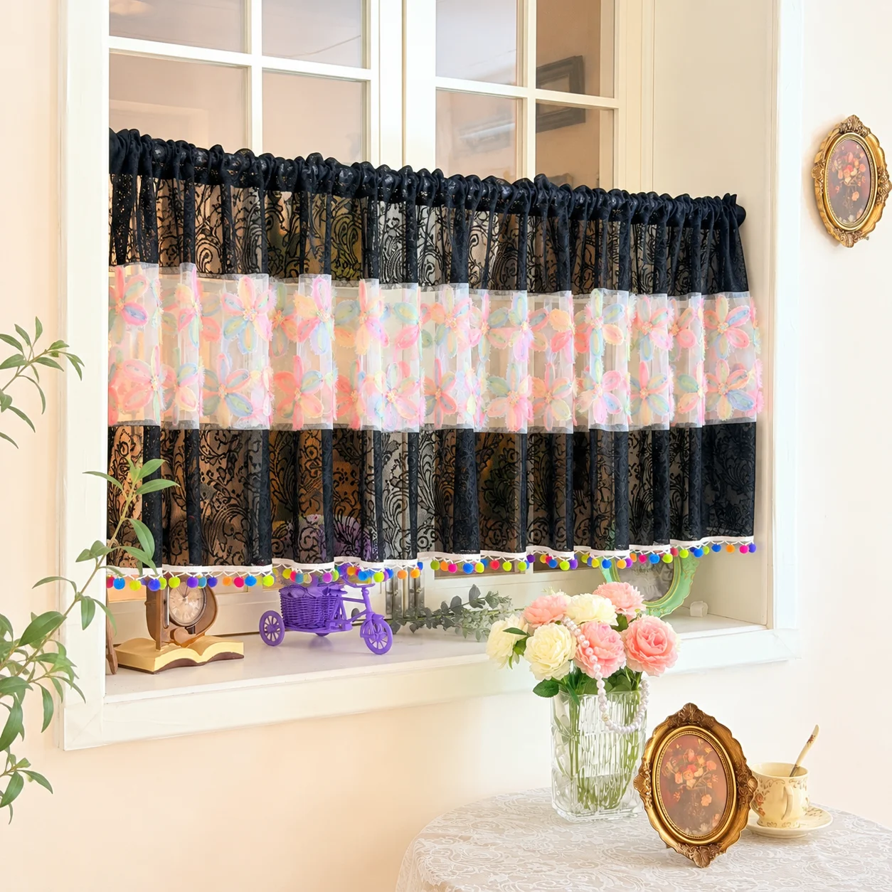 Black Lace Sheer Valance Curta - đánh giá và giá Embroidery Kitchen