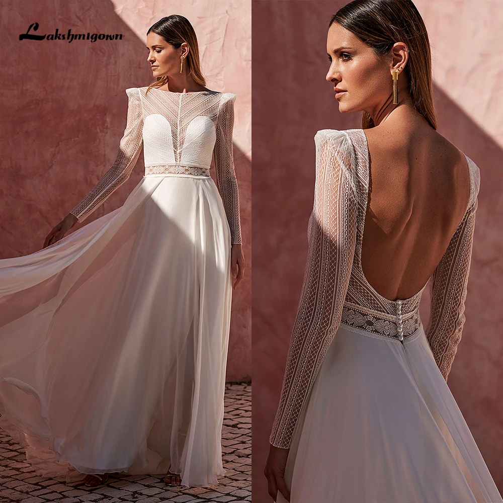 Vestido De Novia bohemio De manga larga para mujer, Top De encaje con botones y perlas en la espalda abierta, línea A De gasa, Vestidos De Novia