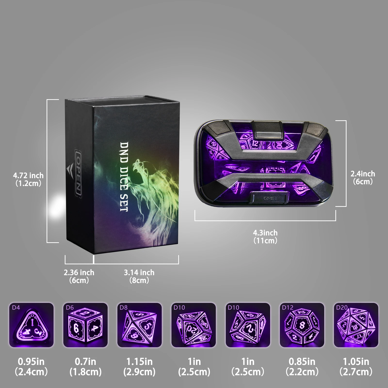 نرد LED أرجواني 7 قطع مع صندوق شحن مجموعة نرد آر بي جي متعدد السطوح للعب الأدوار لعبة الطاولة هدية الهالوين