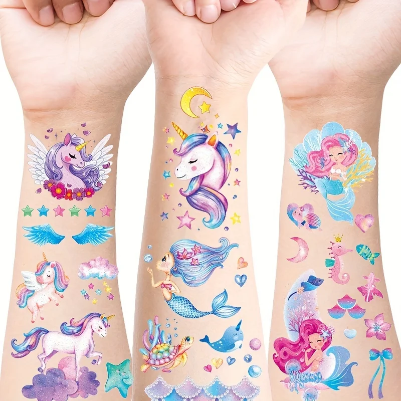 12 Sheets Glitter Unicorn Mermaid Temporary Tattoo Stickers For Kids Cartoon Rainbow Tattoos Cute Waterproof Body Art Fake Tatoo