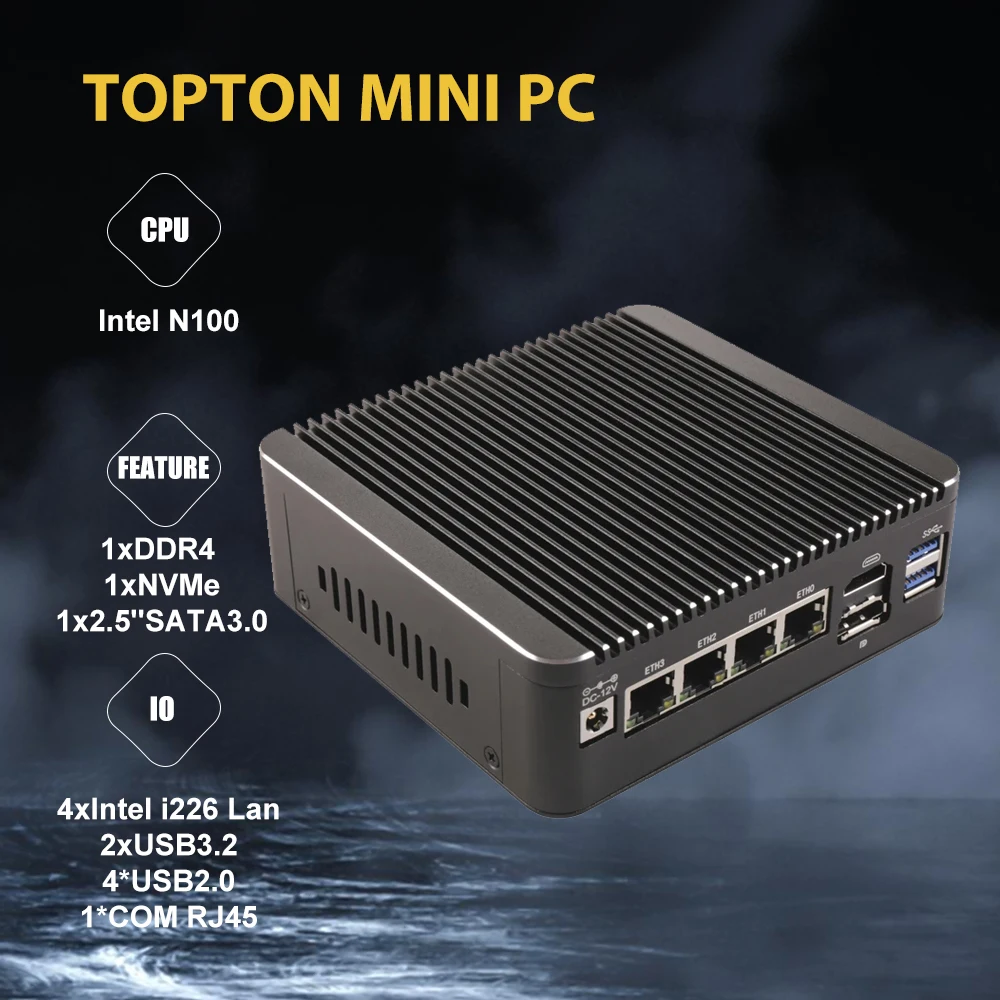 Pas cher 12e Isabel Intel N100 2.5G Routeur Doux 4x i226-V LAN 1 * COM RJ45 Fanless Mini PC Pare-enquêter Ordinateur Type-C trône fouet PVE ESXi