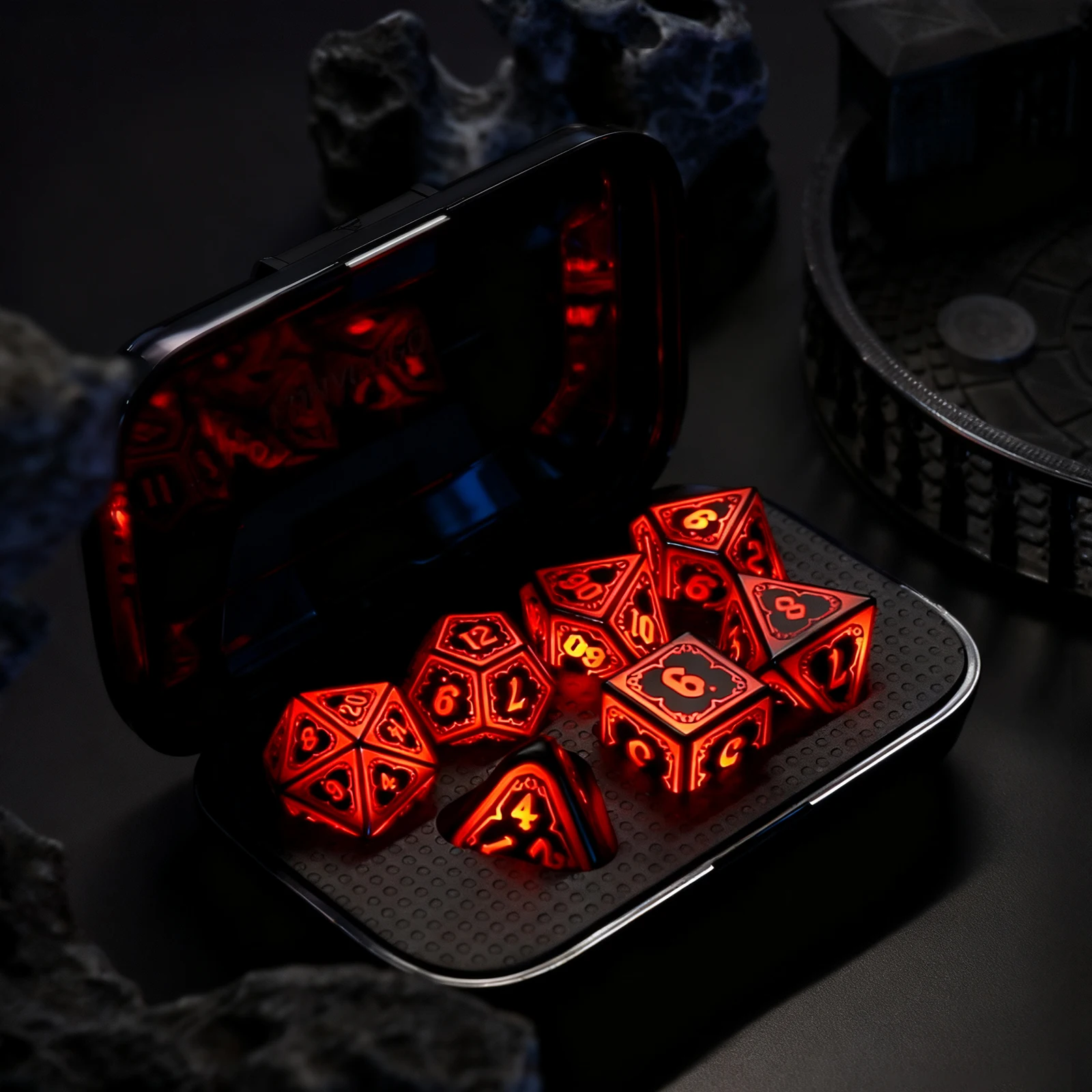 

Orange LED D and D Dice 7pcs with Charging Box Polyhedral RPG Dice Set for Role Playing Table Game Halloween Gift