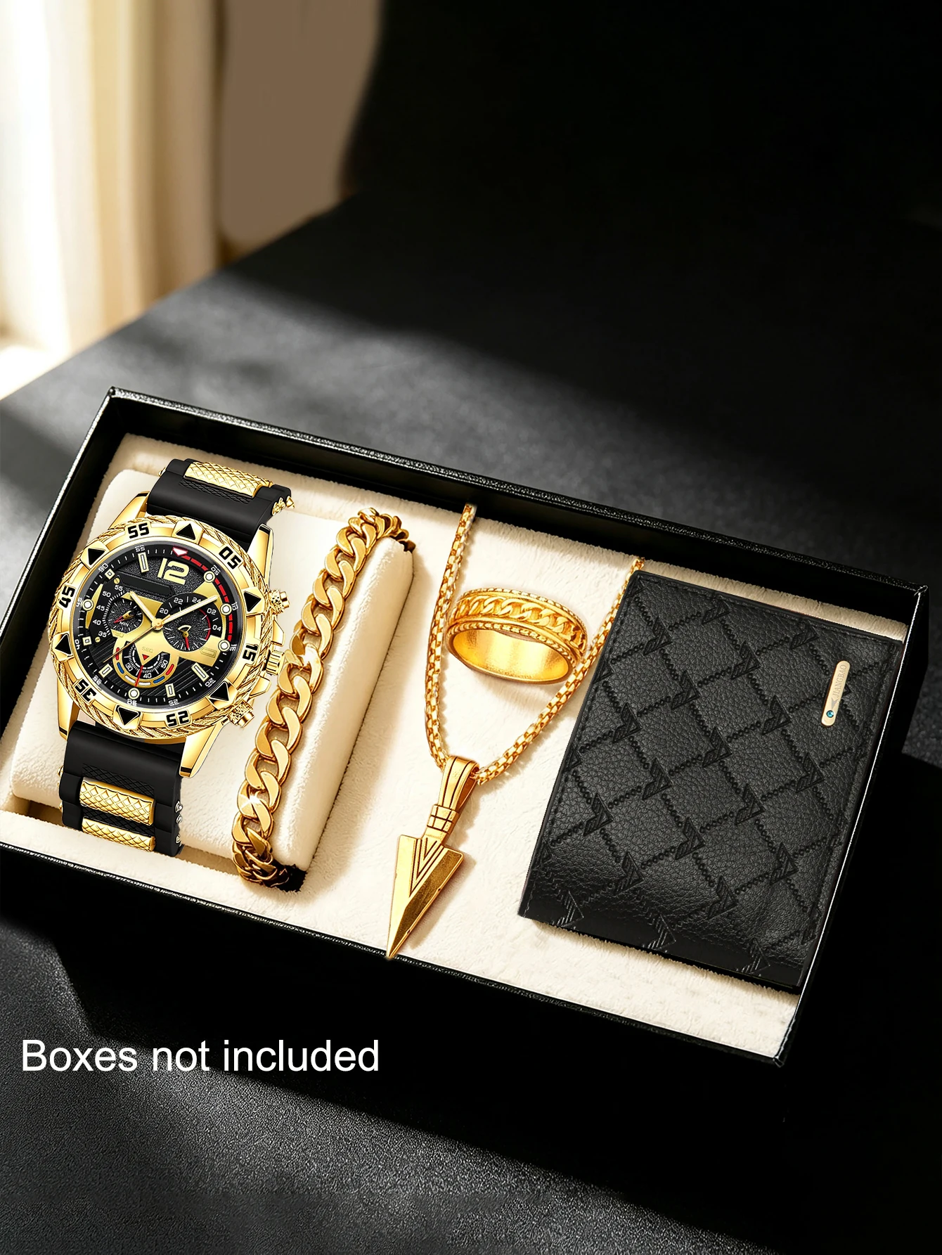 5-Piece Set, Men's Silicone Strap Quartz Watch with Bracelet, Arrow Pendant Necklace, Ring, Wallet Set, Versatile for Everyday Casual Wear, a Must-Have Accessory for Shopping, Travel, and Business Trips, an Excellent Gift for Family and Friends.