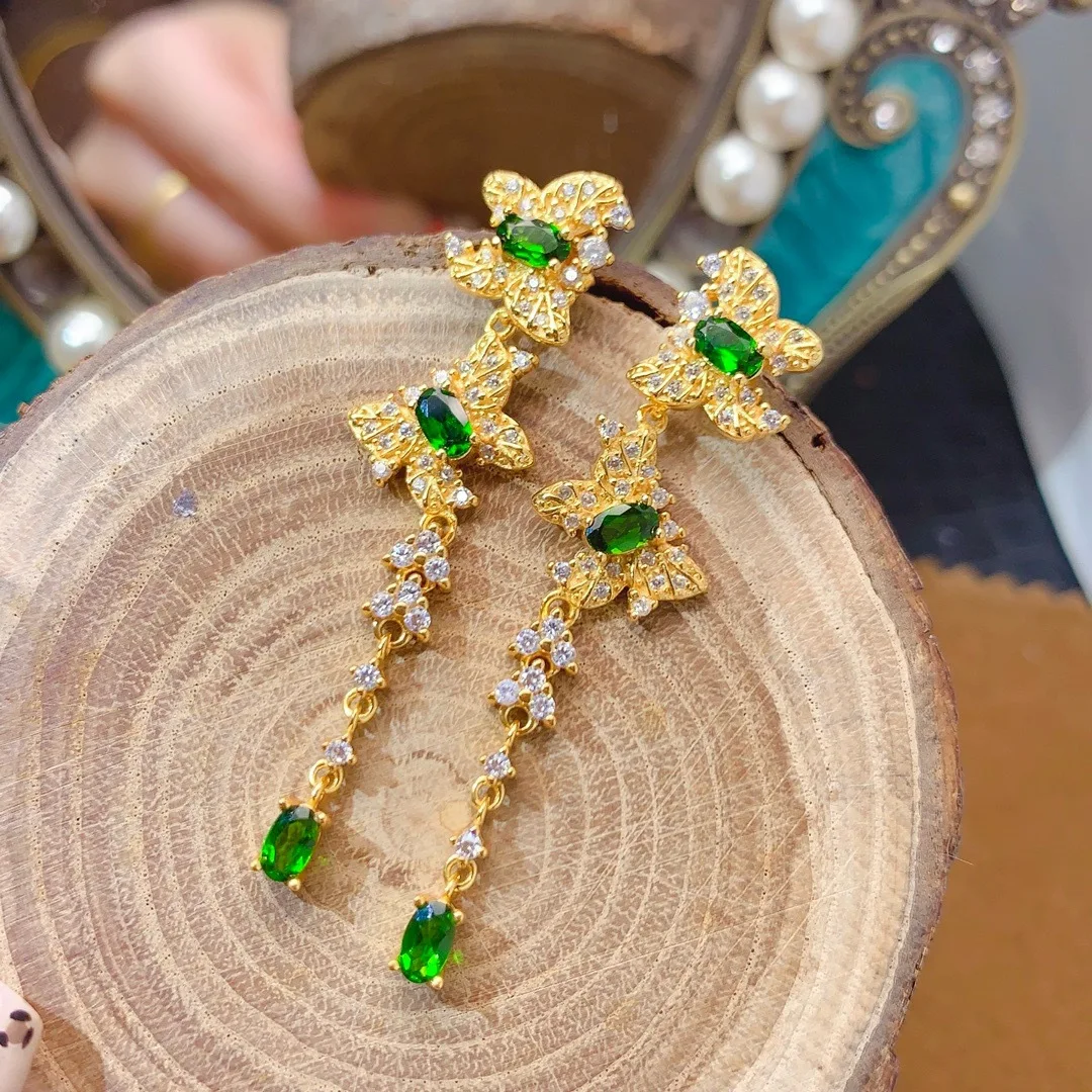 ブティックジュエリー、女性用天然透輝石イヤリング、3x5mm 電気メッキ 18K ゴールド、誕生日パーティー、結婚式、ギフトに。