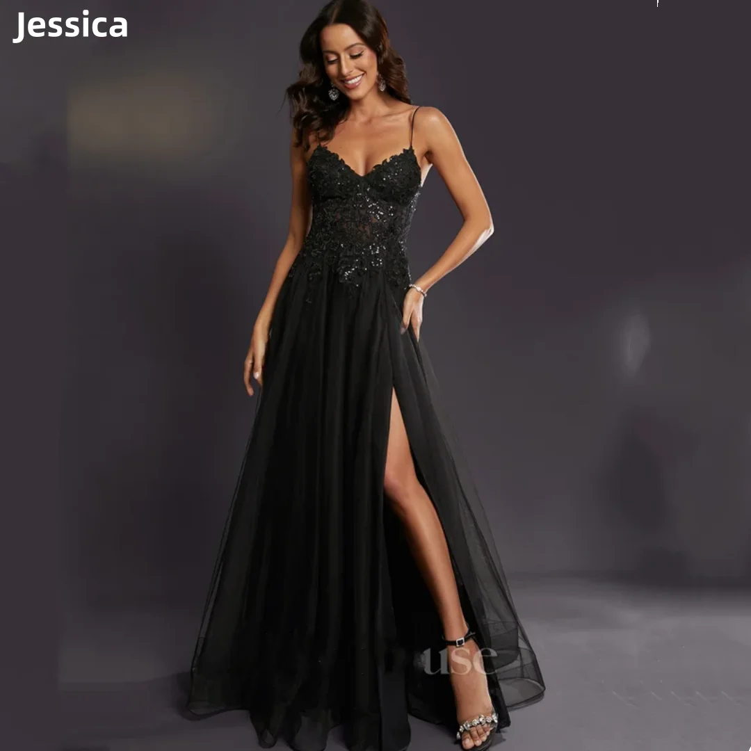 

Jessica Sequin Embroidery Evening Dresses Spaghetti Straps Elegant Black Prom Dresses Tulle A-line Vestidos De Fiesta Customized
