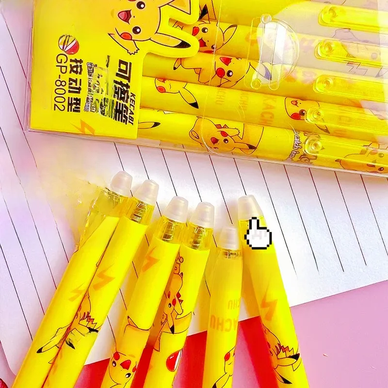 Lot de 6 stylos gel effaçables Pikachu, encre bleue, kit de stylos à bille 0,5 mm, fournitures scolaires et de bureau