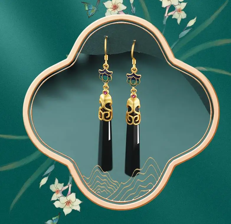 Exquisite jewelry S925 pure silver gold-plated black agate girl earrings geometric long enamel party birthday and wedding gift
