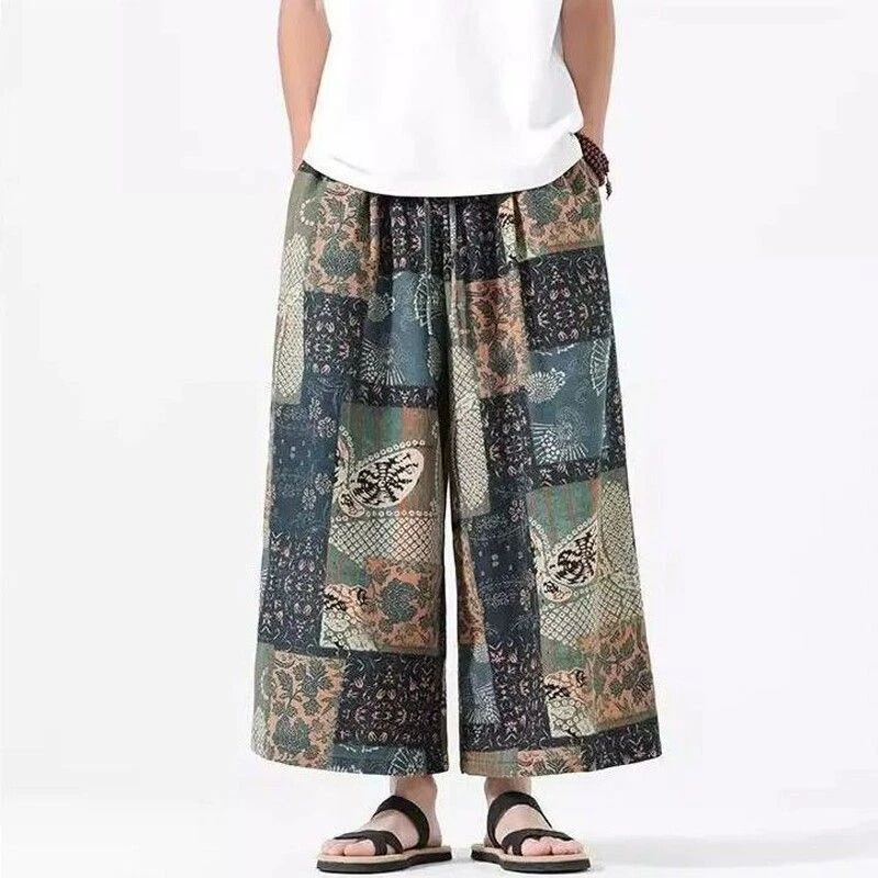 Cool Men Print Beach Pants Summer Chinese Casual Comfortable Wide Leg Trousers Male Daily Ankle-Length Pants Men Skirt Pants