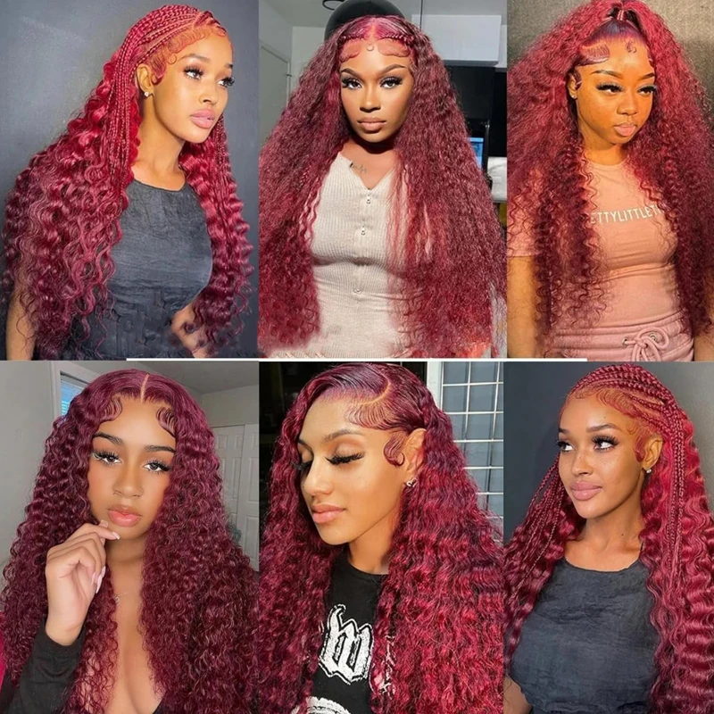 99J Burgundy 13x4 13x6 renda depan Wig rambut manusia untuk wanita gelombang dalam anggur merah berwarna air keriting rambut manusia Wig sebelum dipetik