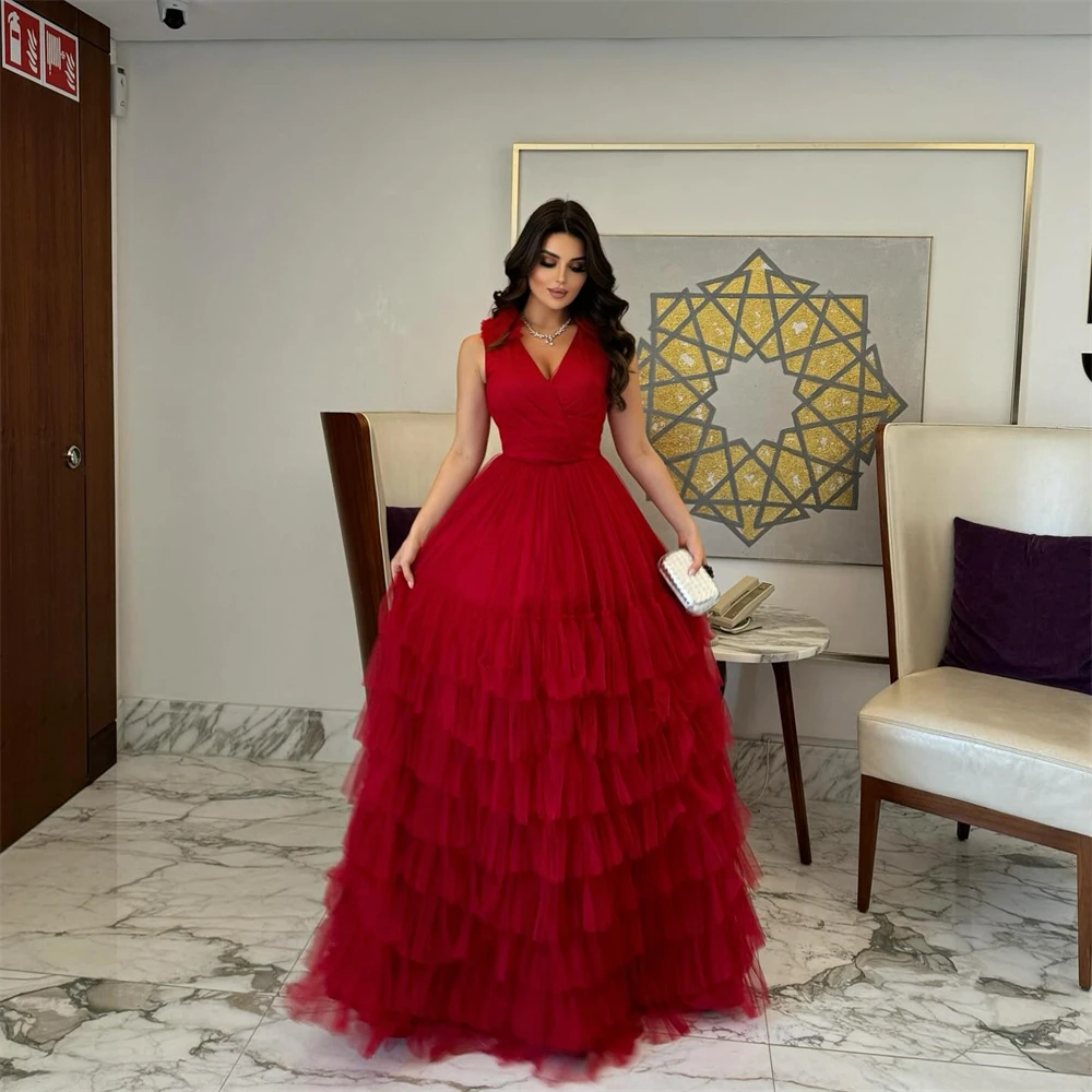Sansa Customized Red Halter Neck A-line Tiered Ruffle Prom Dress Sleeveless Vestidos De Noche Floor-Length Formal Evening 2025
