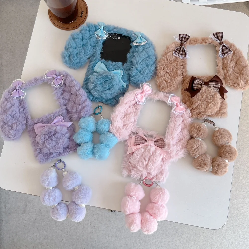 

Cute plush plaid bow bunny mobile phone case,suitable for Samsung Z Flip3/4/5/6/7,fashionable INS new shockproof protective case