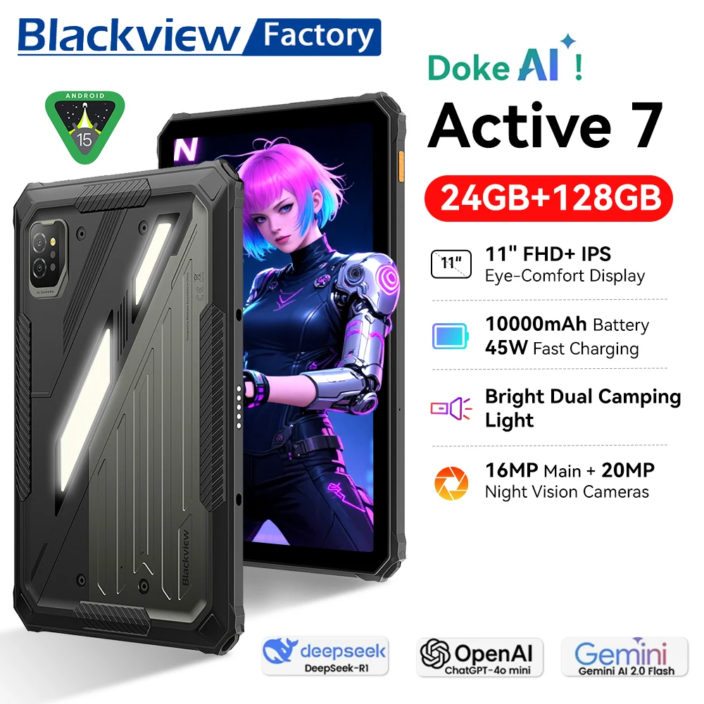 2025 NEW Blackview Active 7 Rugged Tablet 11-inch FHD Tablets 24GB(8+16)RAM+128GB ROM 10000mAh Smartphone Pad PC Android 15 NFC