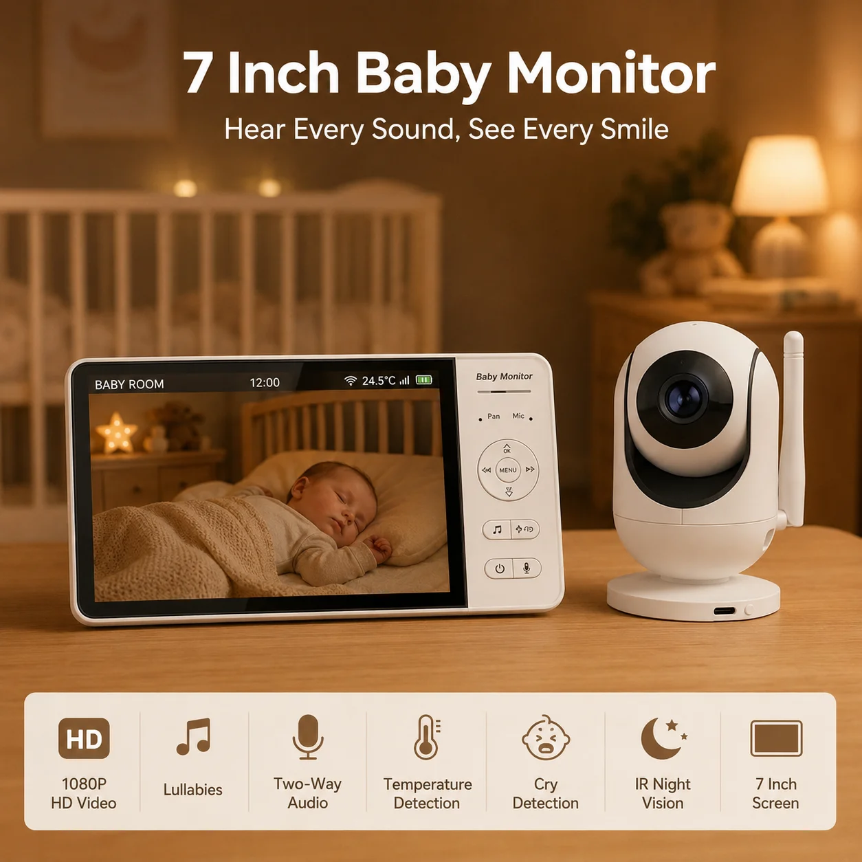 Monitor per Bambini Wireless da 7 Pollici con Videocamera, Senza WiFi, Zoom 4X, Visione Notturna, Audio Bidirezionale, Batteria da 5000mAh, Ampio Disp