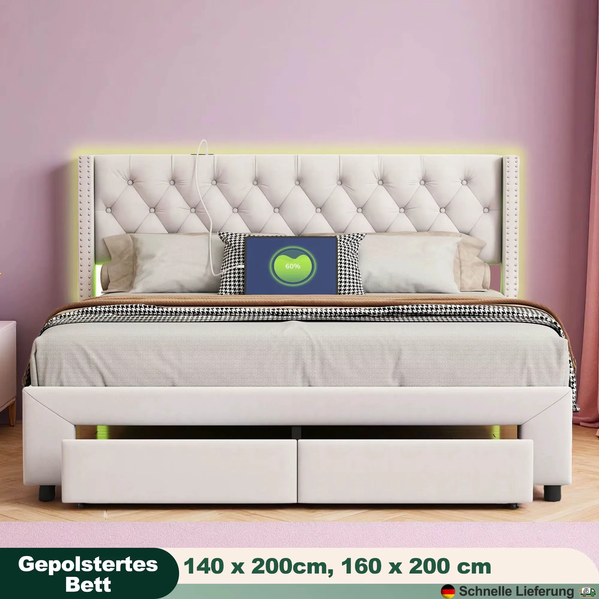 Comanlai Letto matrimoniale imbottito in velluto con illuminazione a LED e USB, struttura letto contenitore idraulico con 2 cassetti portaoggetti