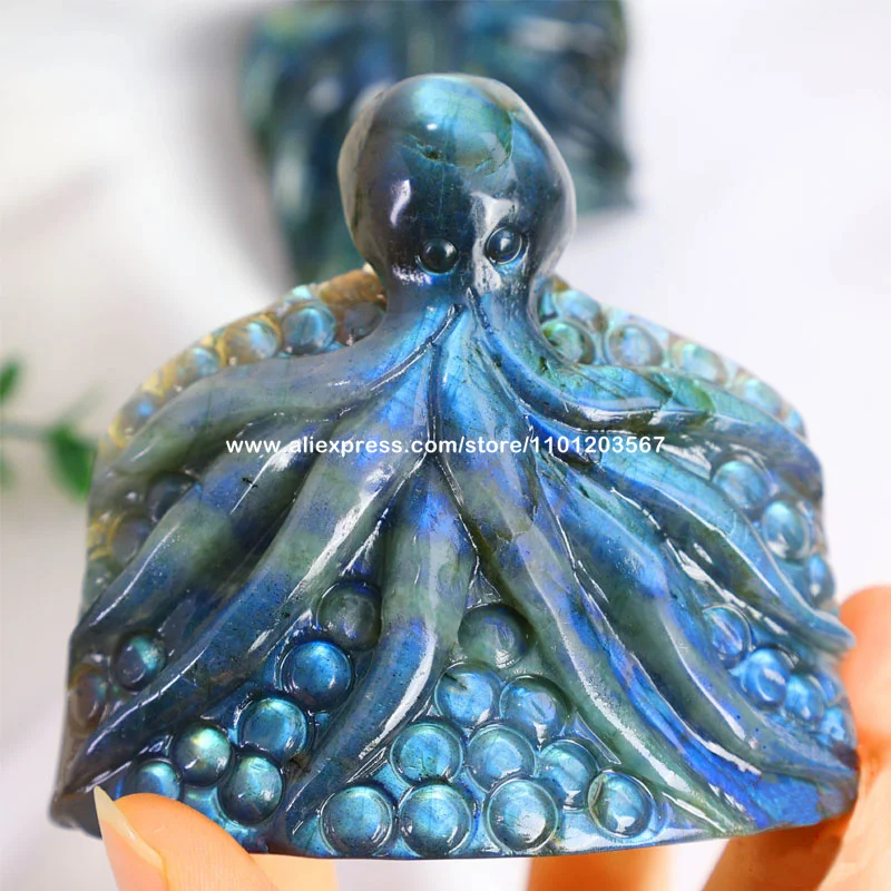 Labradorite Octopus Animal Skull Carving Polished Sea Creature Figurine Slab Stone Natural Quartz Crystal Metaphysical Display