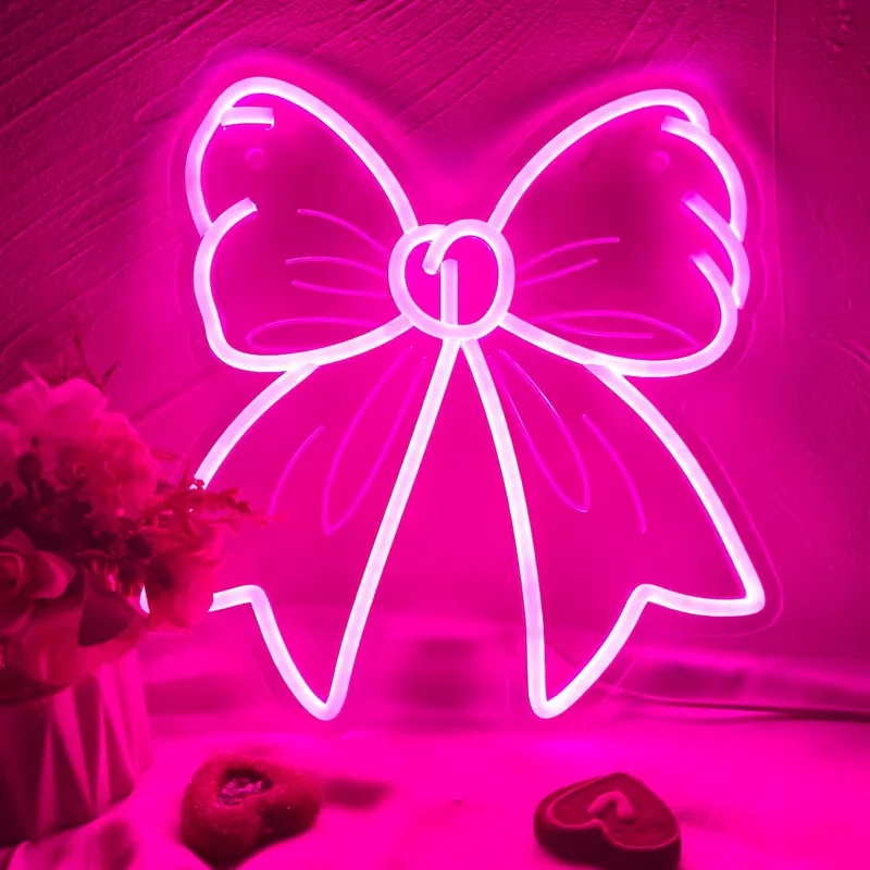 Pink Bow Neon Sign, USB Powered Plastic Wall Hanging LED Light, Push Button Control, Multipurpose Decor with for Home, Shop