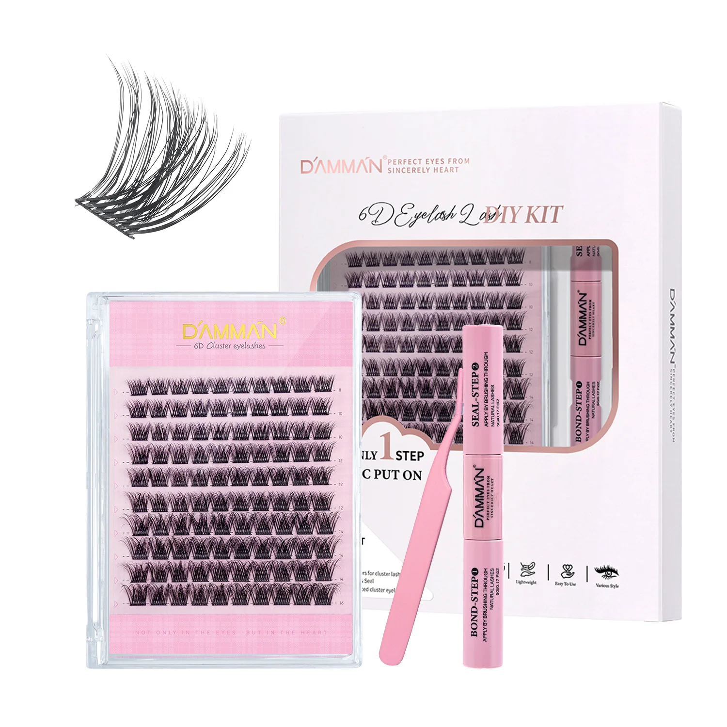 DAMMAN New 6D DIY Lash Kit Mix 8-16mm Cluster Lashes Kit with Lash Bond and Seal & Tweezers Individual Eyelash Extension Set