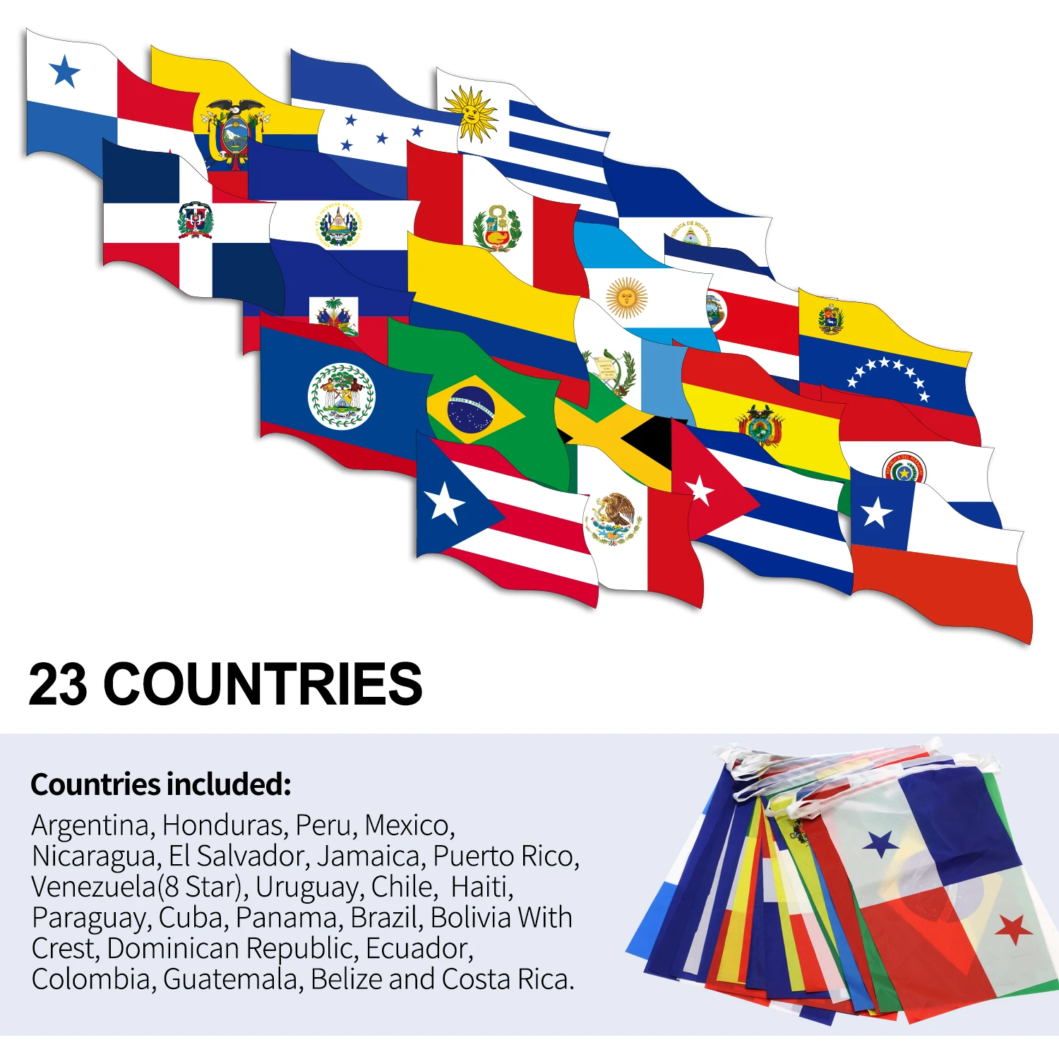 Anley Latin America 23 Countries String Flags for International Events - Assorted Latino Flag Banners - 30 Ft 21 Flags