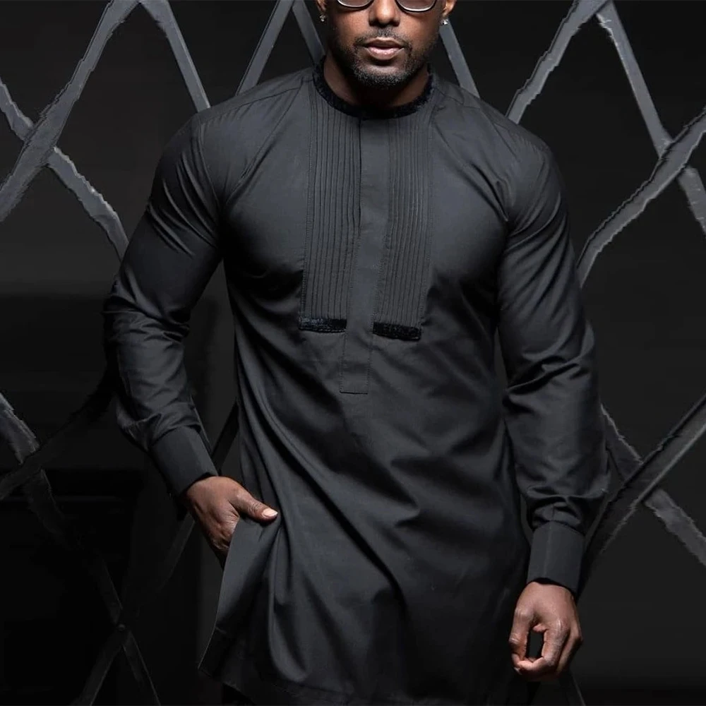 Black New African Sets Long Sleeve Round Neck Solid Color Simple Shirt And Casual Pants Two-piece Men's Suit 2024 Wedding（M-4XL)