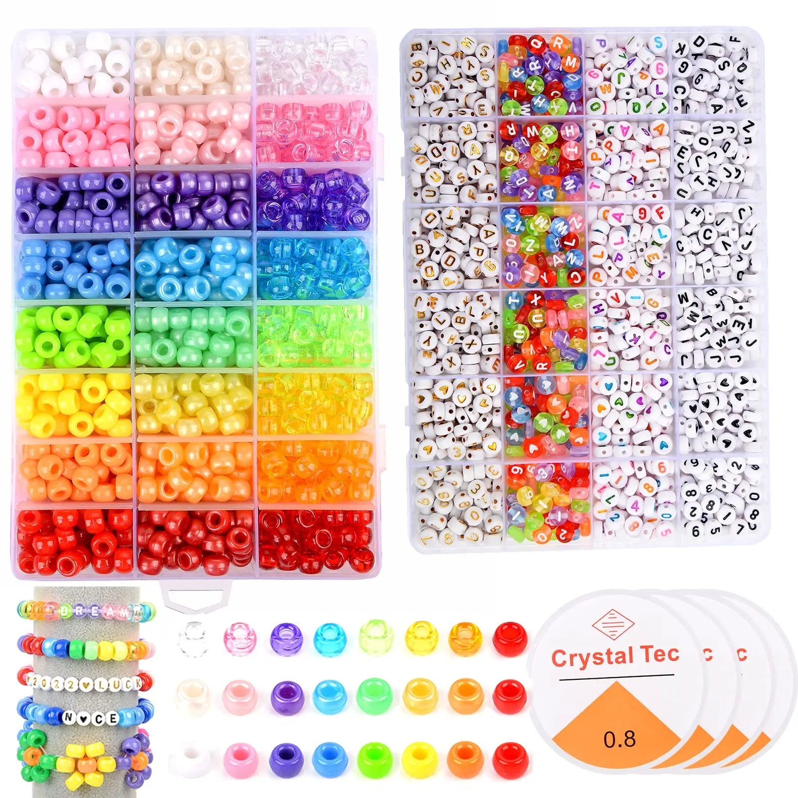 2400pcs Acrylic Pony Kandi Beads Kit Large Hole Hair Beads for Jewelry Making DIY Charm Bracelets Alphabet Letter Beads BOX