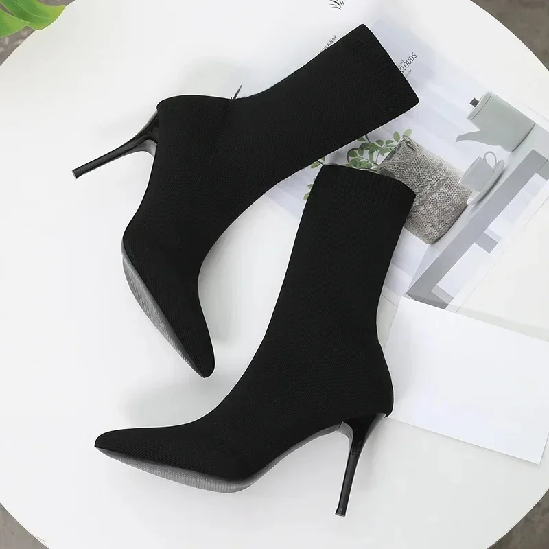 Bottines chaussettes Sexy en tricot extensible pour femmes, chaussures à talons hauts, à la mode, printemps-automne, 2024