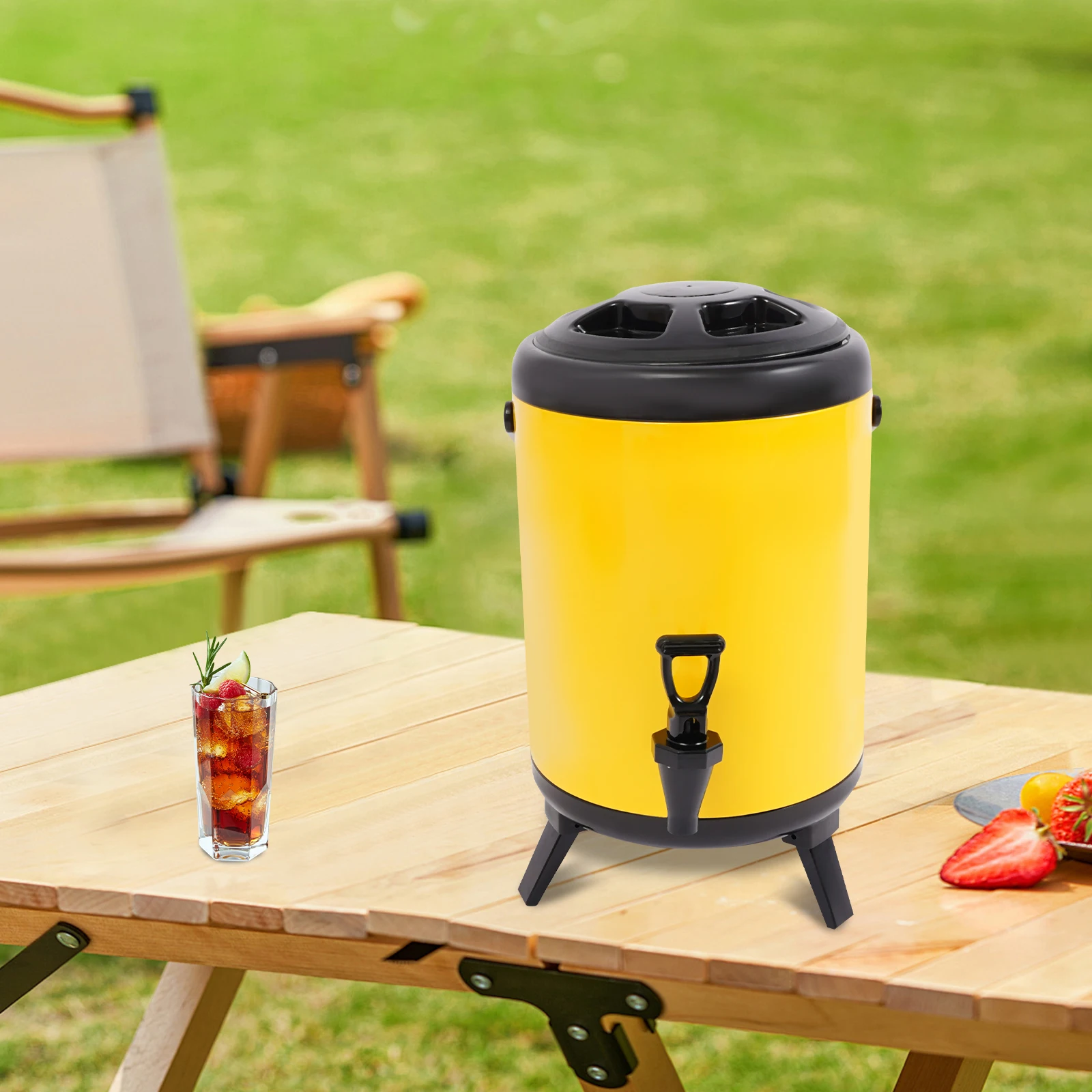 

8L Stainless Steel Insulated Beverage Dispenser,Yellow/Blue Round Tabletop Cold and Hot Drink Dispenser For Parties, Christmas