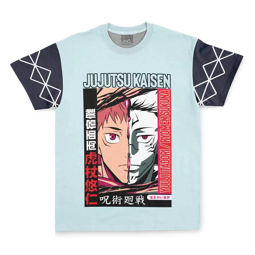 Herren Jujutsu Kaisen Yuji Itadori Ryomen Sukuna Split Face Vorder- und Rückseite passendes T-Shirt, Raglanärmel Anime Otaku Streetwear Sho