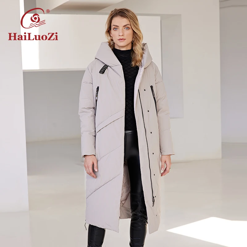 HaiLuoZi 2022 New Winter Women\'s Jacket Long Thick Bio Cotton Big Pocket Hood Zipper Elegent Female Clothing Parka Women Coat 23