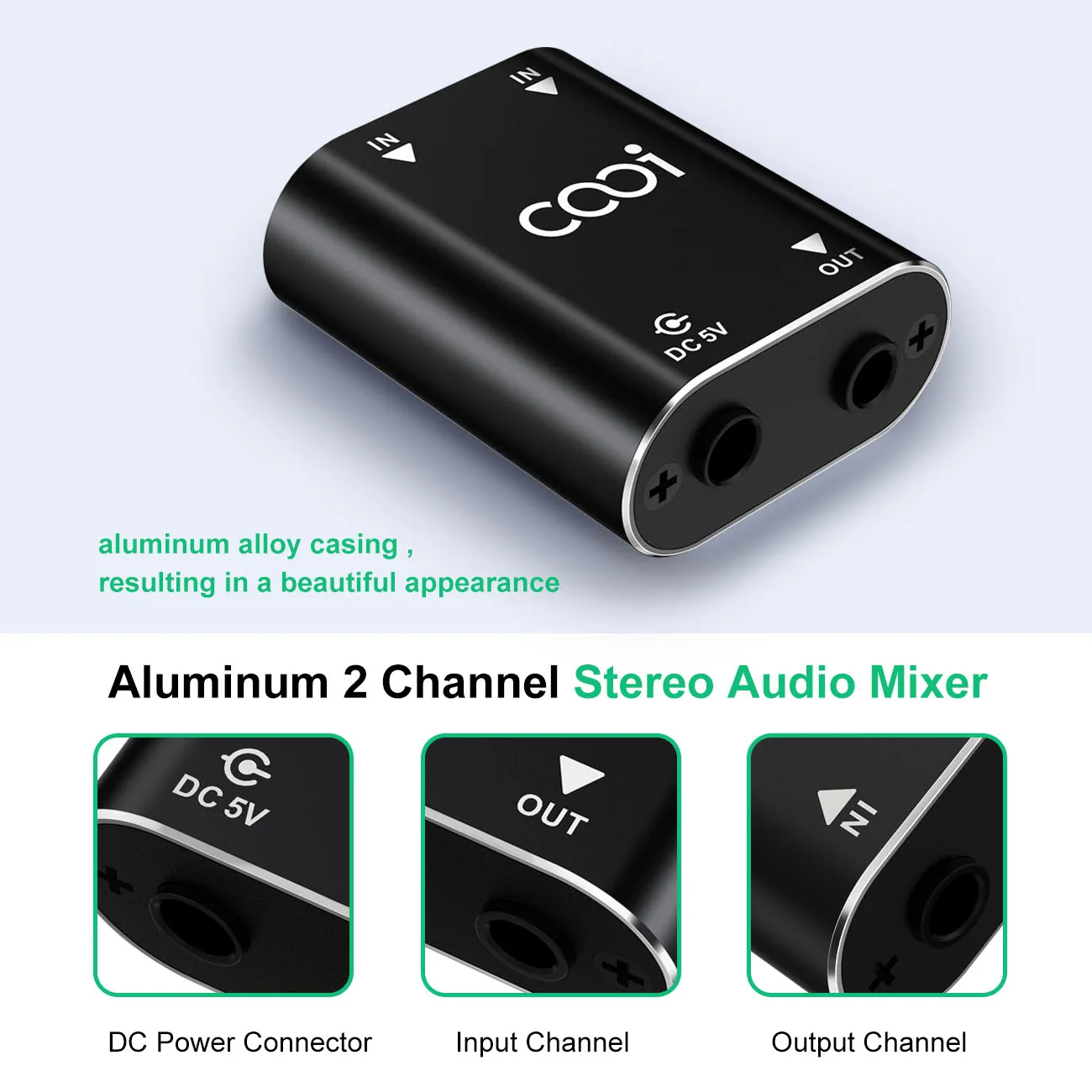 Cooidea 2 Channel Mini Stereo Audio Mixer,  2 In 1 Out Stereo Sound Mixer Includes Two Audio Cables with Adjustable Volume