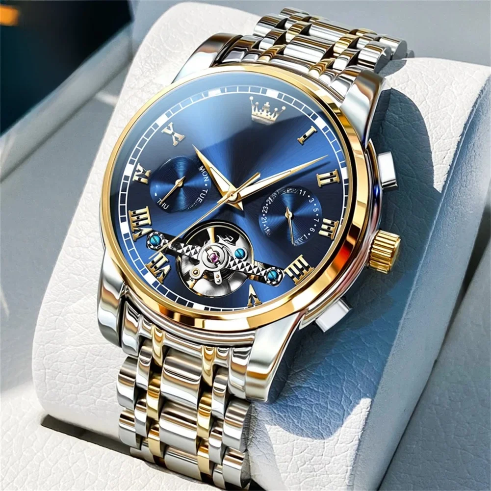 OLEVS 6607 Automatische Herrenuhren, Top-Original-Mechanische Uhr für Herren, luxuriöses Skelett-Schwungrad, wasserdichte Kalender-Armbanduhr