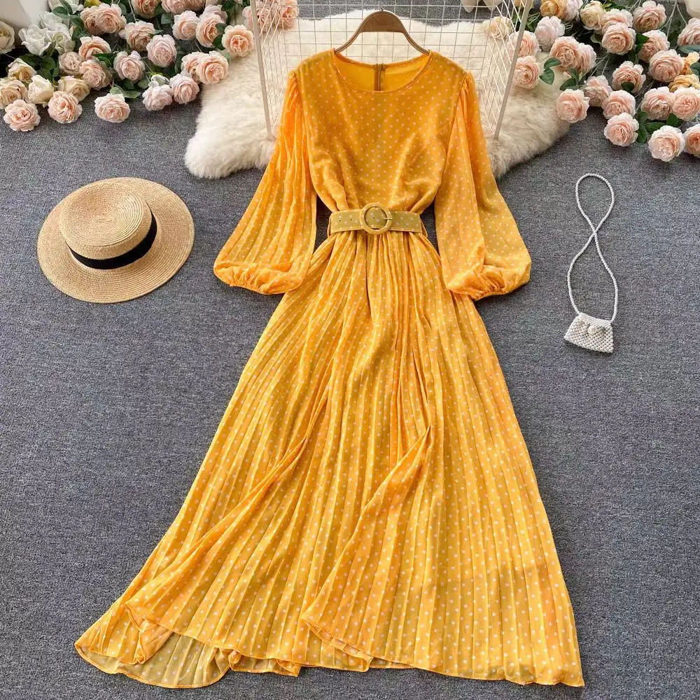 

Autumn Spring Vintage Polka Dot Chiffon Long Dress Women Elegant O-Neck Puff Sleeve Pleated Female Pleated A-Line Midi Vestidos