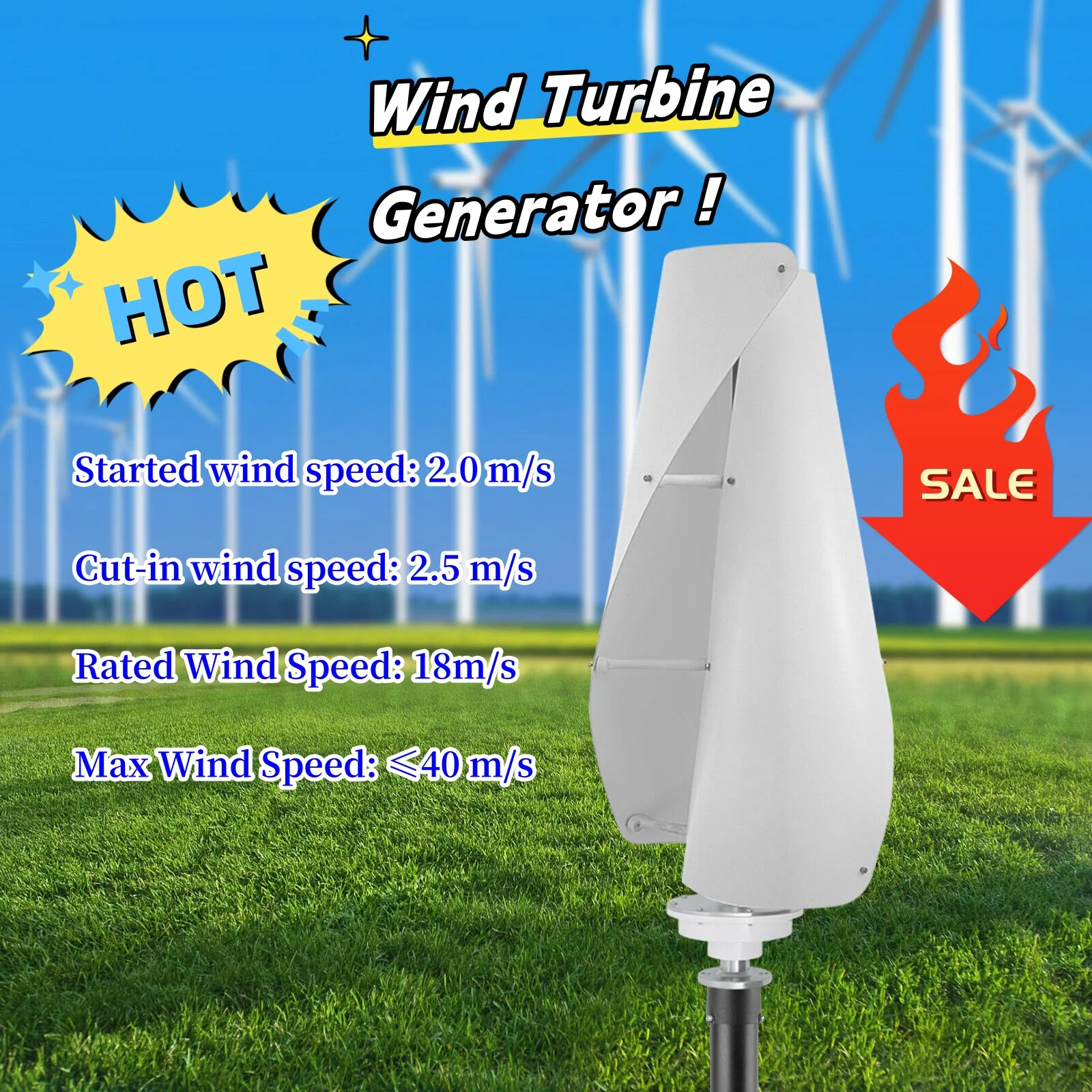 

400W 24V Helix Maglev Vertical Wind Turbine Generator Home Power Kit With Charge Controller 2 Blades