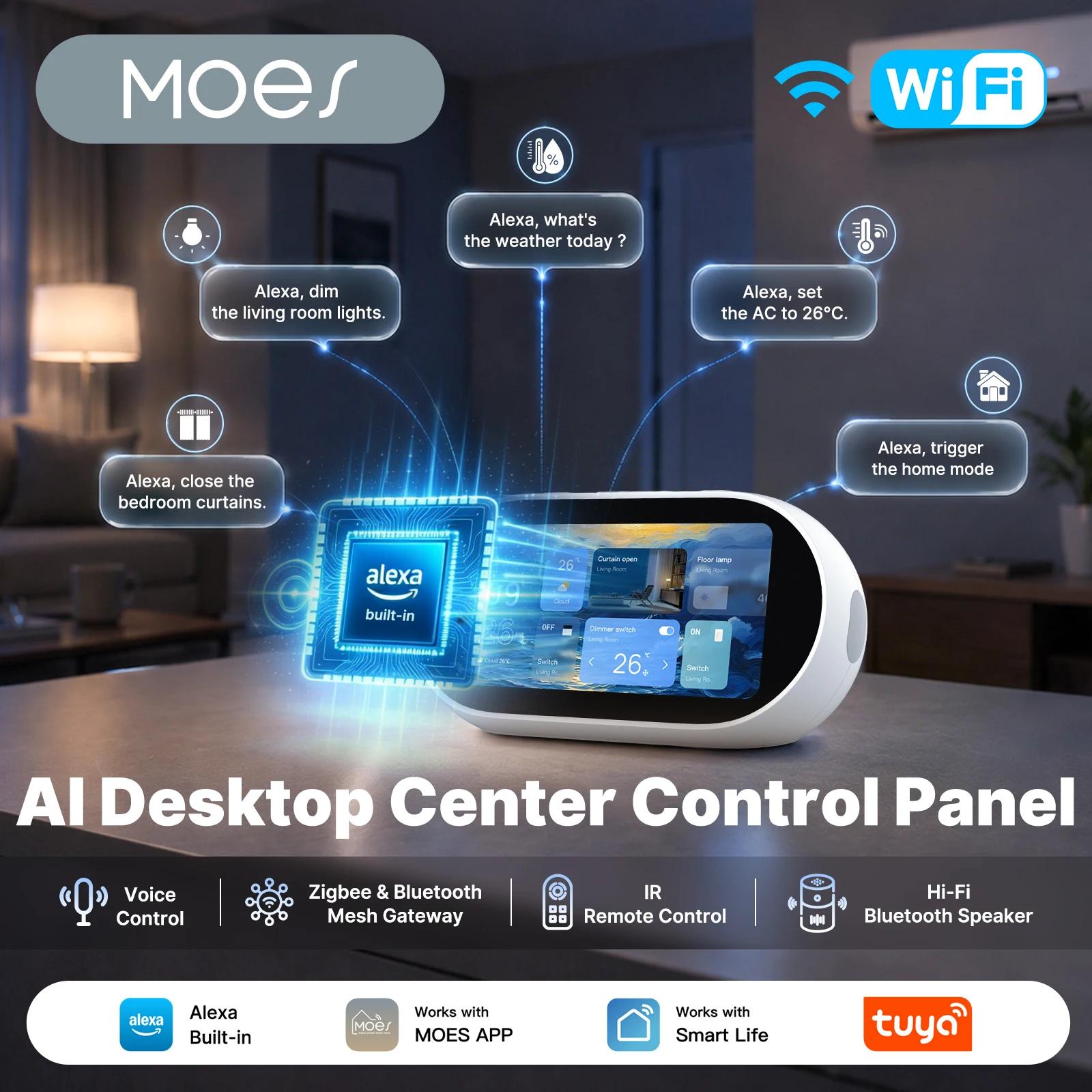MOES Tuya WiFi Smart AI Desktop Center Control Panel Zigbee Bluetooth Mesh Hub IR HiFi Speaker Alexa Built-in Voice Control