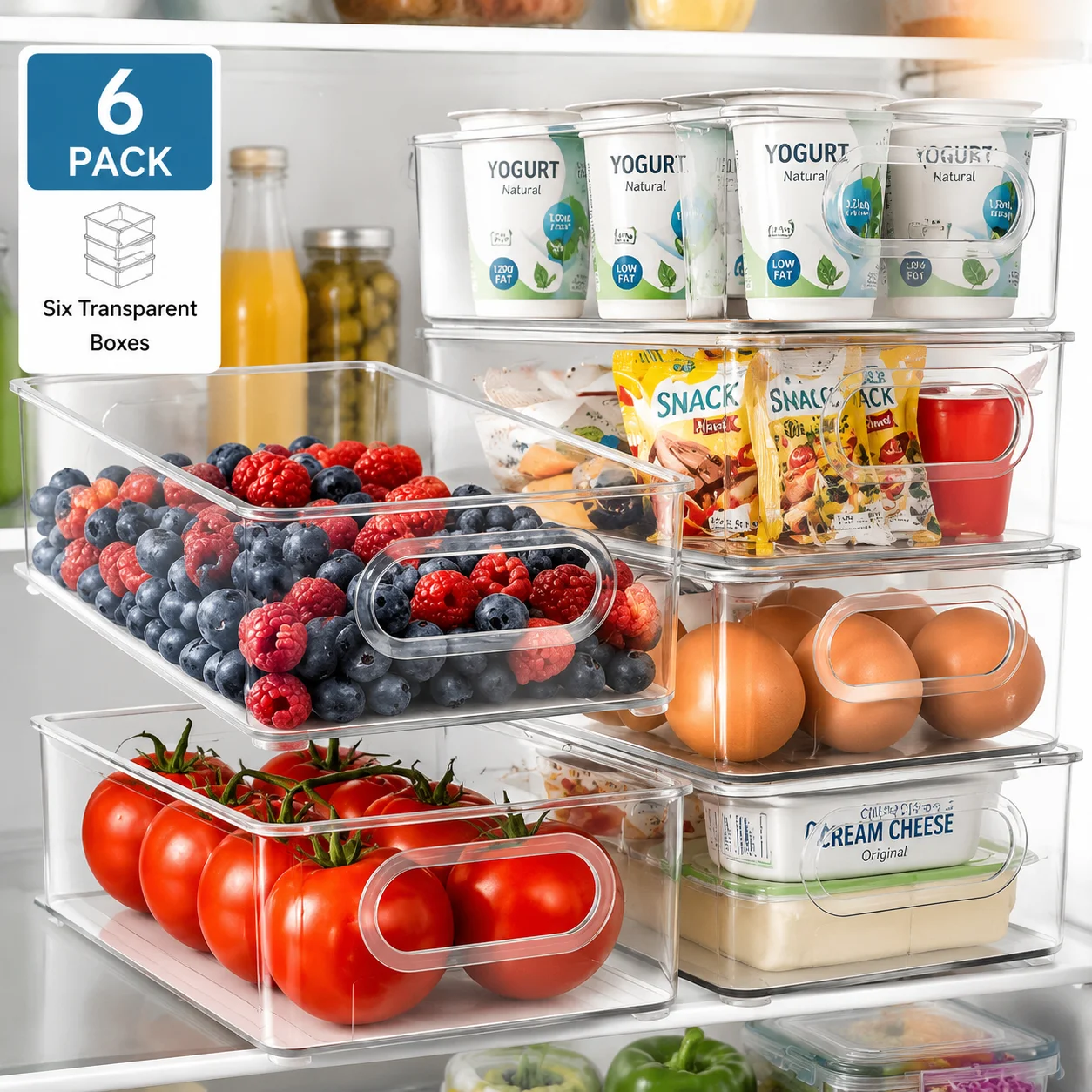 Kühlschrank-Aufbewahrungsboxen 6er-Pack, Stapelbare Transparente Behälter mit Griff, Kühlschrank-Organizer für Küchenschrank und Speisekammer, für Obst, Gemüse und Getränke