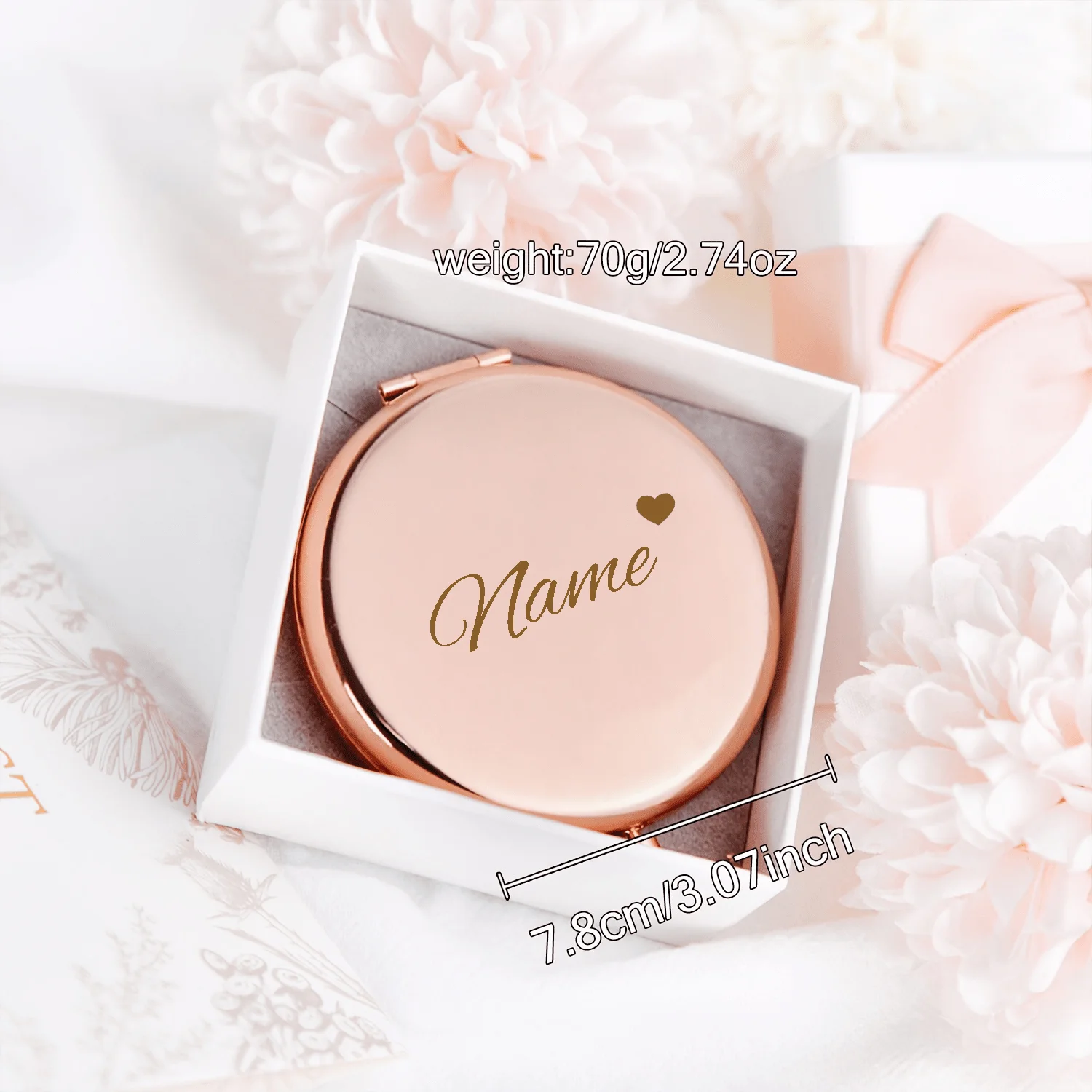 Personalized Heart-Shaped Makeup Mirror, Custom Name & Text, Elegant Bridesmaid Wedding Gift, Perfect Present for Mother’s Day