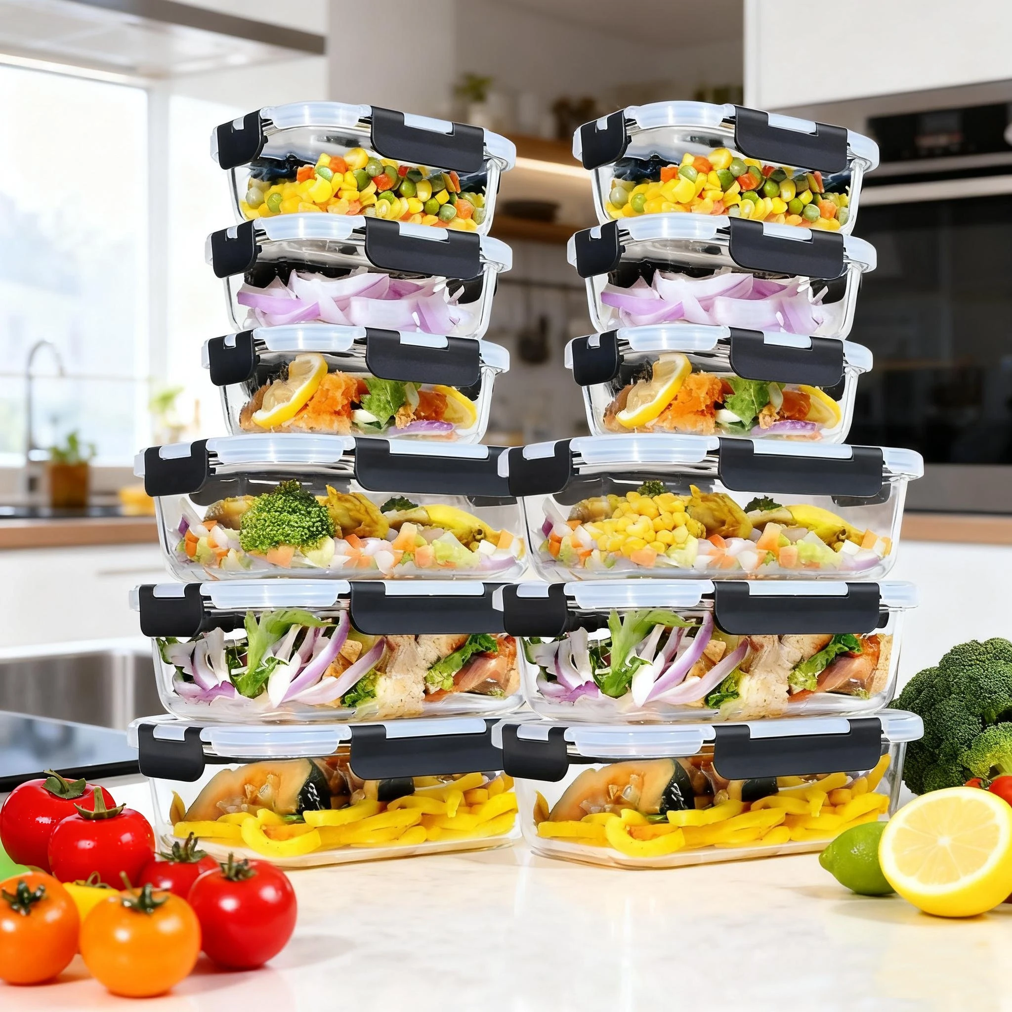 12-delige set voedselopslagcontainers met deksel 370/1040 ml glazen potten keukenopbergdozen met luchtdichte deksels BPA-vrij