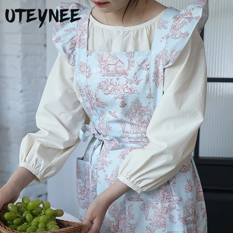 

Summer Waterproof Cotton Ruffle Apron for Salon Manicurist Pleated Cross-back Women's Kitchen Apron with Pockets for Cooking