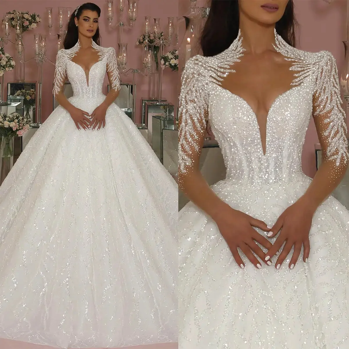 Luxe Trouwjurken Baljurk V-Hals Pailletten Lange Mouw Prinses Bruid Jurk Tot Op De Grond Vestido De Novia Op Maat Gemaakt - afbeelding 2