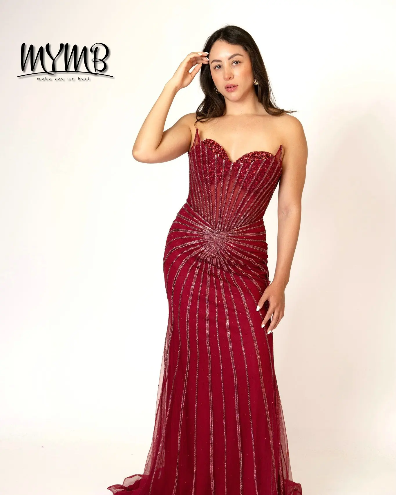 MYMB Glamorous Wine Crystal Embellished Fishtail Dresses Vertical Beading Patterns Sheer Overlay for Red Carpet Elegance MC20095